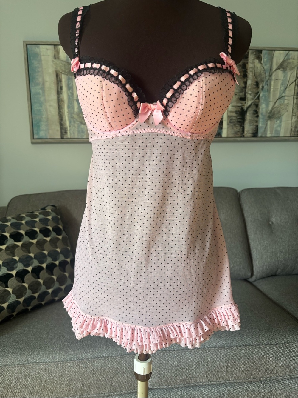 La SENZA Pink and Black Polka Dot Babydoll Chemise